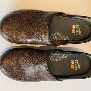 Dansko Brown Embossed Floral Leather Clogs